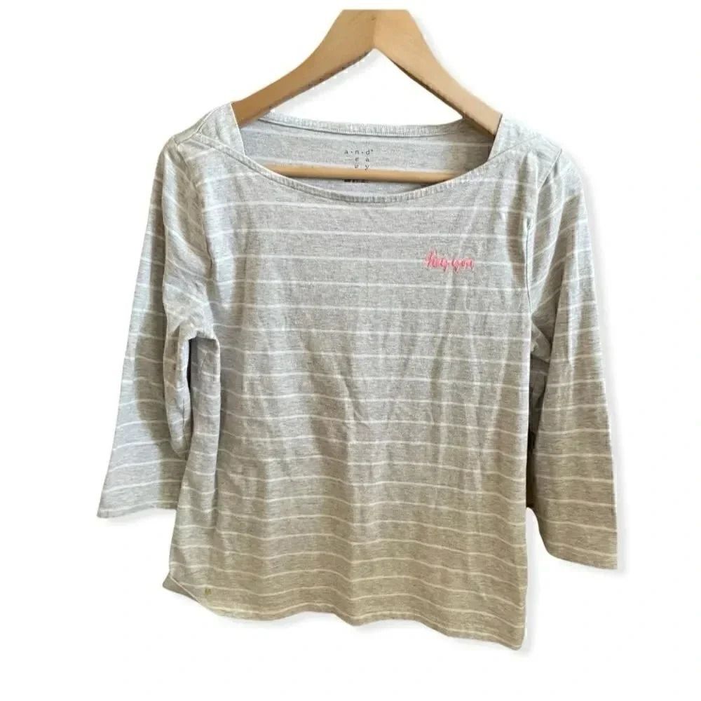 A New Day Gray and White Stripped Boat Neck Womens Top SZ Large